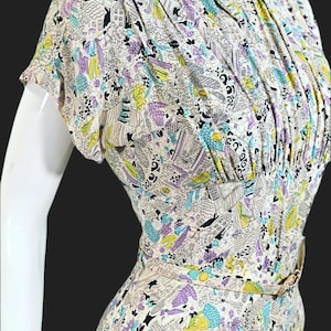 Vintage 40s Rayon Novelty Print Dress, Rockabilly Dress XS/S