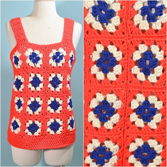 Vintage 70s Granny Square Crochet Top, Americana … - image 1