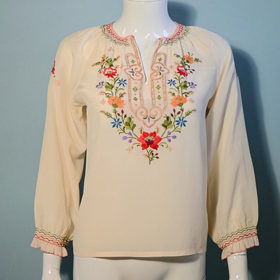 Vintage Cream Embroidered Silk Peasant Blouse, Smo
