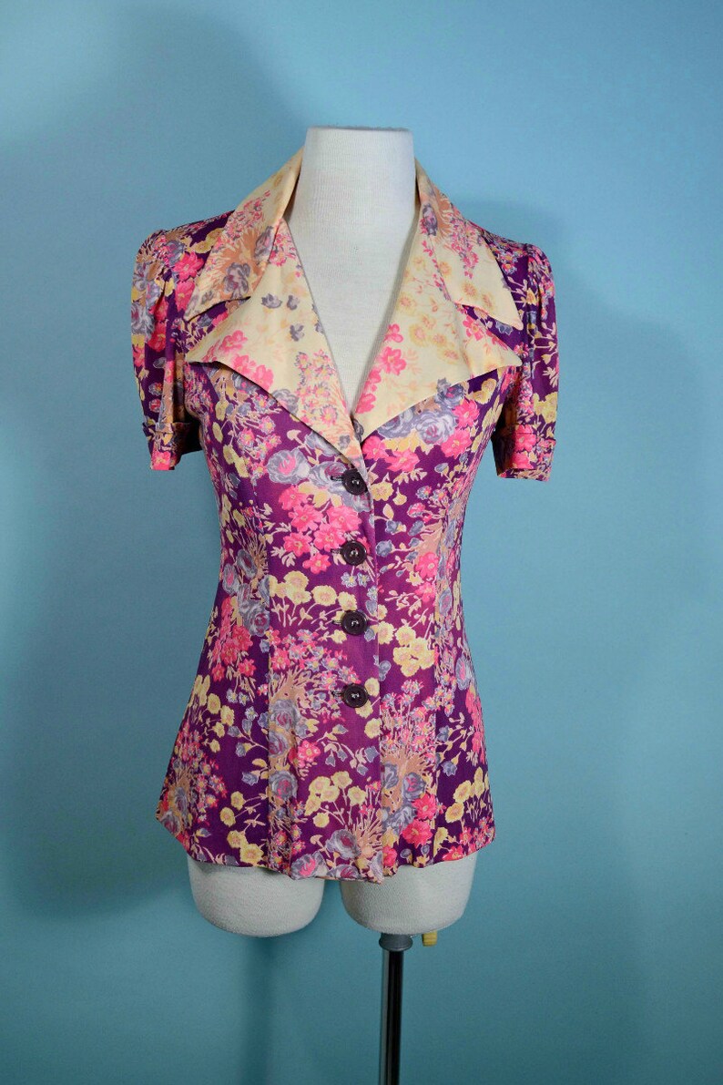 Short Sleeve Tunic Top Purple Flower Hippie Wid Leg Pants Boho Hippie Flowery Suit S Vintage 70s Mod Floral Pant Suit