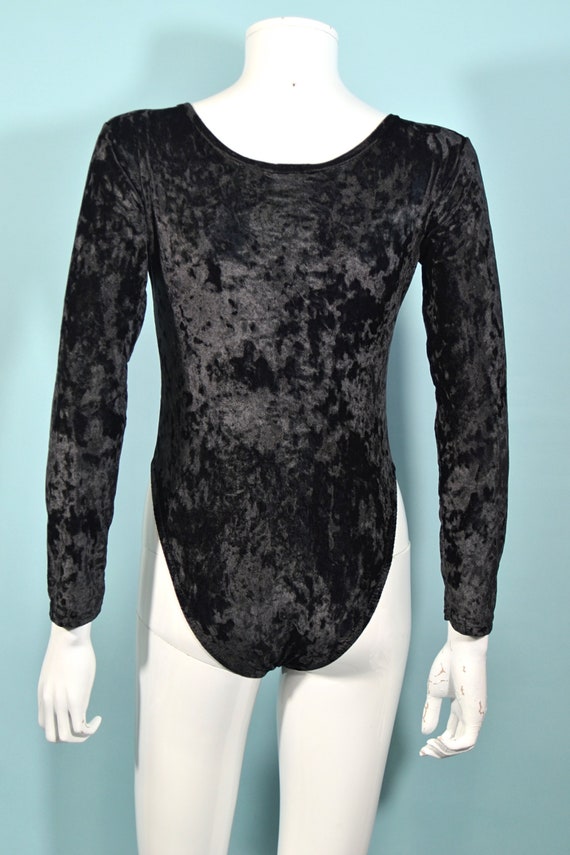 Vintage Black Crushed Velvet Bodysuit, 80s Sexy L… - image 7