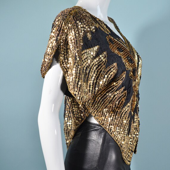 Vintage 70s Sequin Butterfly Top, Gold/Black Boho… - image 4