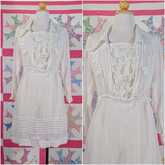 Antique Edwardian Lawn Dress, Vintage Lace Mini Dr