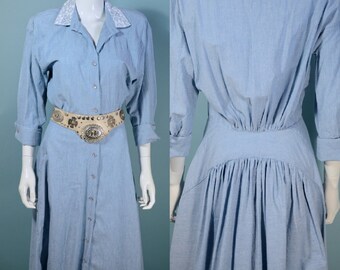 Vintage Blue Chambray Prairie Dress, French Cuff Lace Details S