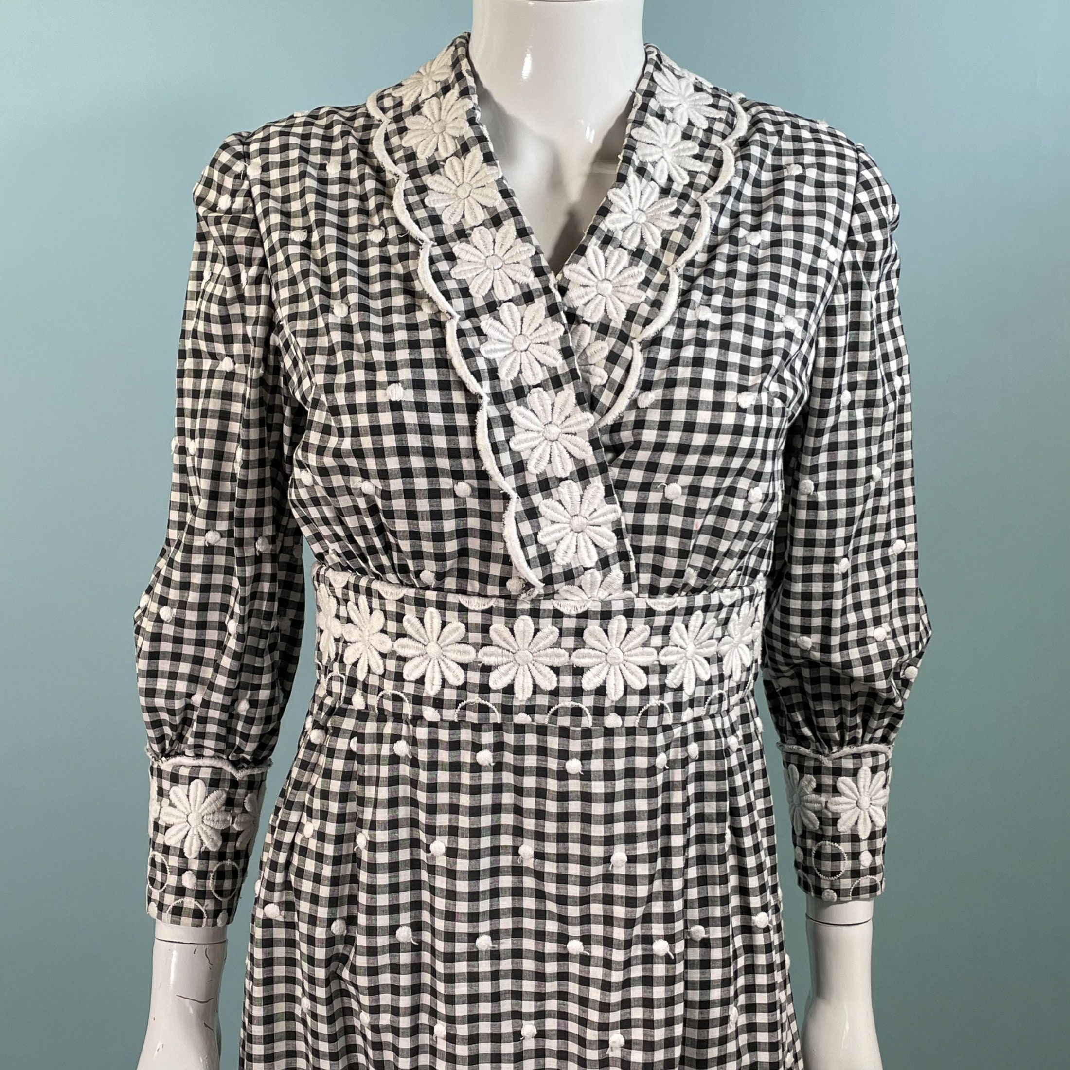 週間売れ筋 Vintage Gingham Dress, Embroidered Check Black/white 60s ワンピース