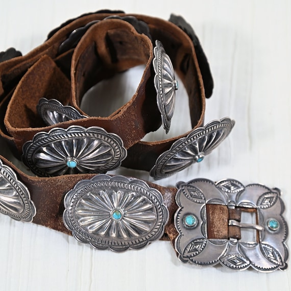 1930s Navajo Concho Belt, Hand Stamped Silver Tur… - image 2