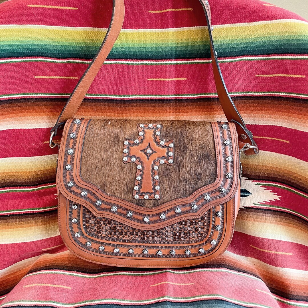 Vintage Tooled Leather Southwestern Shoulder Bag w/Ceramic Beads main image 0