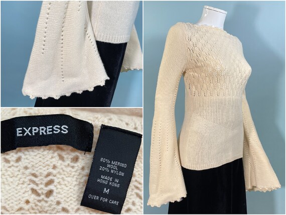 Express Vintage 90s Cream Merino Wool Sweater Huge Bell Sleeves XS S Etsy