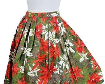 Vintage 50s Poinsettia Floral Cotton Skirt – High Waist Pleated Midi