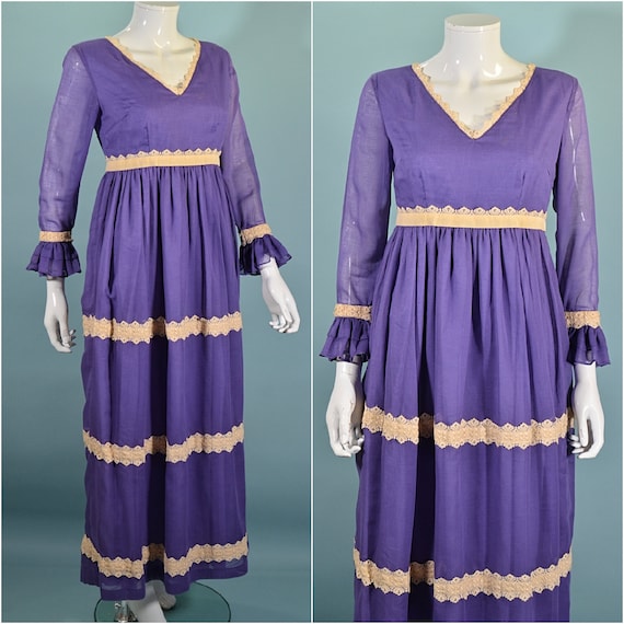 Vintage 60s/70s Purple Maxi Dress Ruffle & Lace D… - image 1