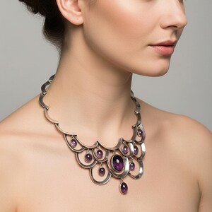 RARE Vintage Antonio Pineda Sterling Silver Curve Necklace with Amethyst Drops, Taxco Mexico