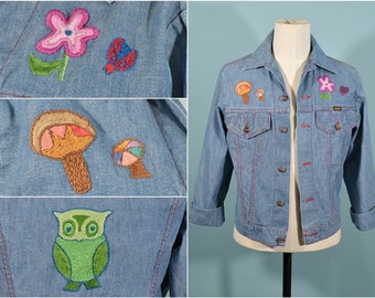 70s Embroidered Denim Jacket, OOAK Hippie Boho Denim Jean Jacket, Maverick 38