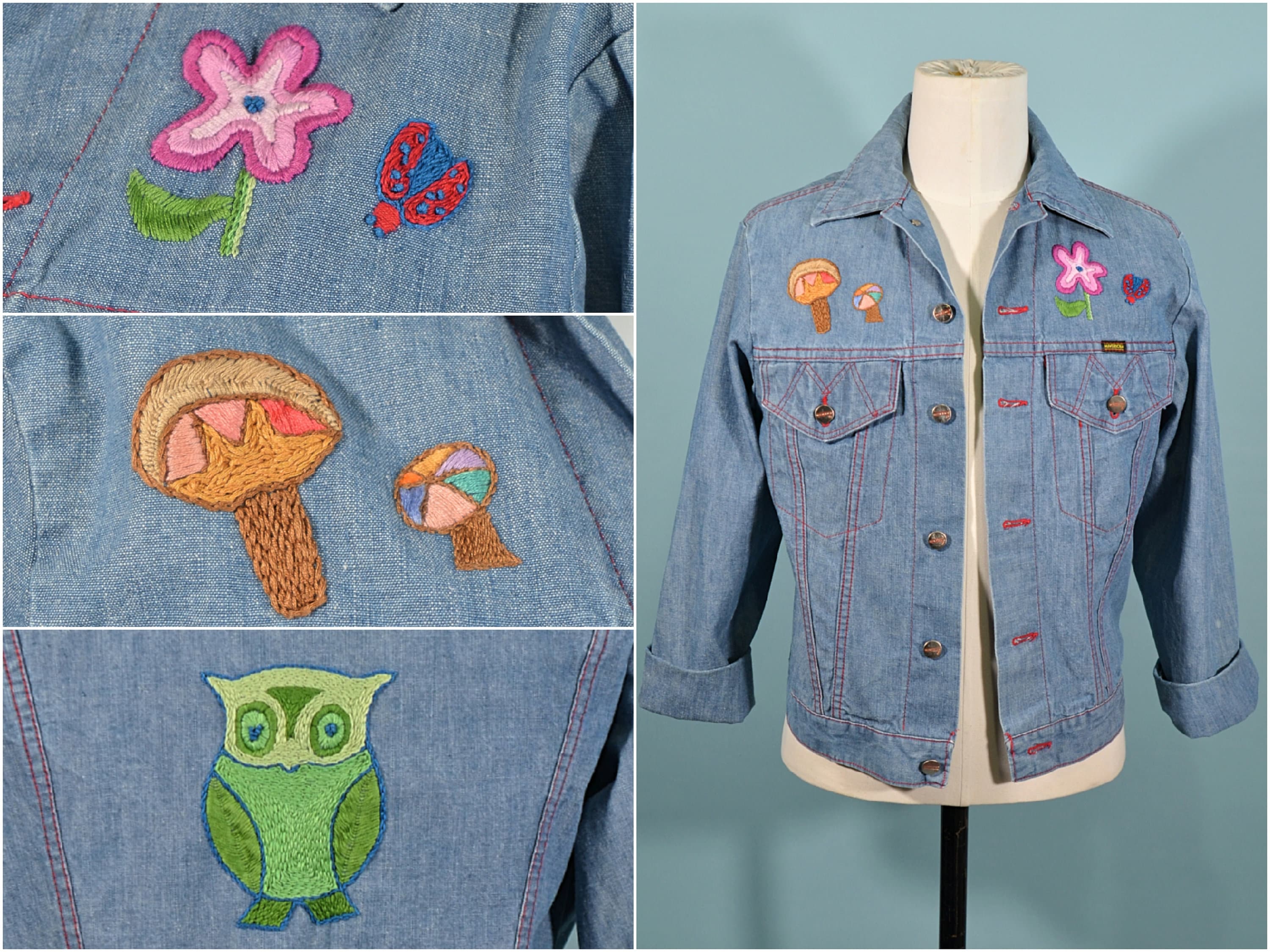 70s Embroidered Denim Jacket, OOAK Hippie Boho Denim Jean 70s Embroidered Denim Jacket, OOAK Hippie Boho Denim Jean