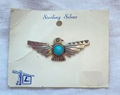 Bell Trading Vintage Sterling Silver Turquoise Thunderbird Brooch, Fred Harvey Era Pin, NOS Unworn w Original Card