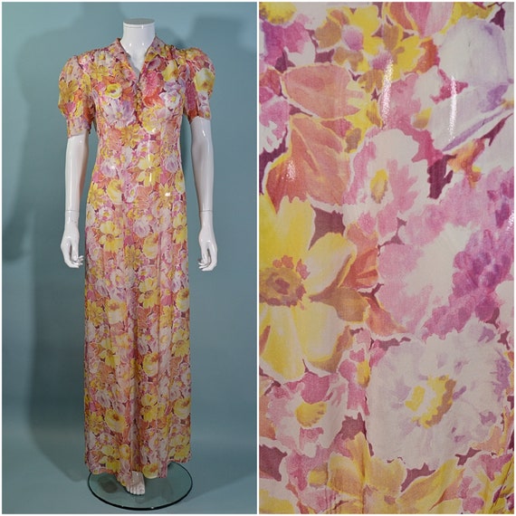 Vintage 1930s Sheer Floral Print Maxi Dress Puff … - image 2