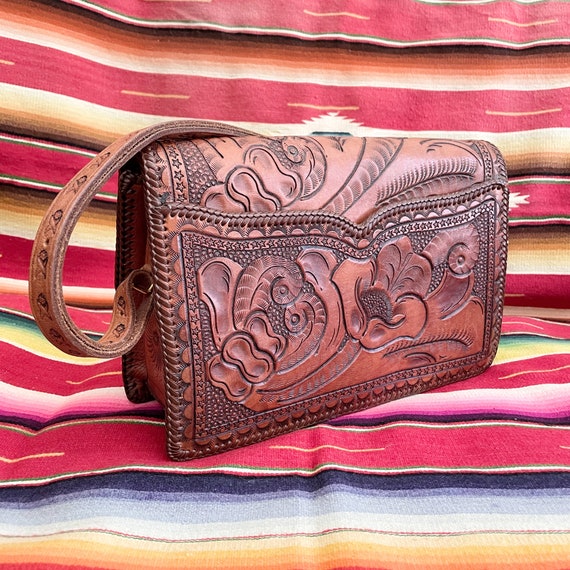 Vintage Heavily Tooled Leather Handbag, Southwest… - image 6