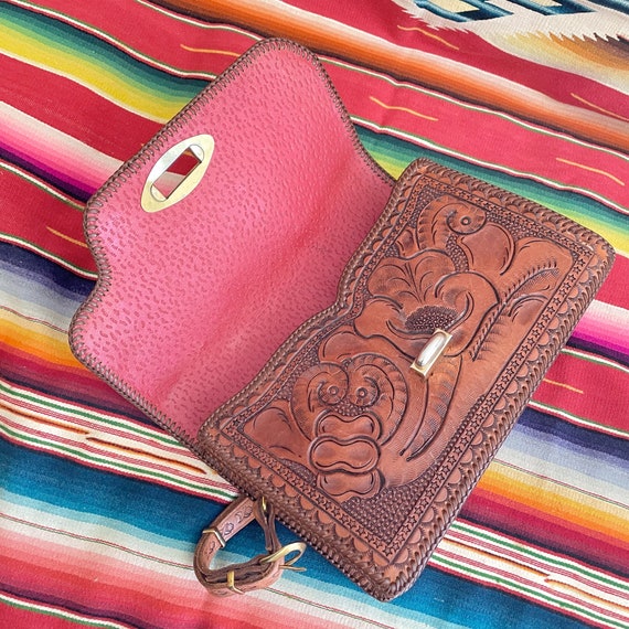 Vintage Heavily Tooled Leather Handbag, Southwest… - image 7