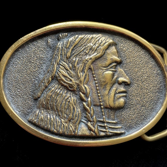 Vintage 70s Solid Brass Native American Indian Be… - image 1