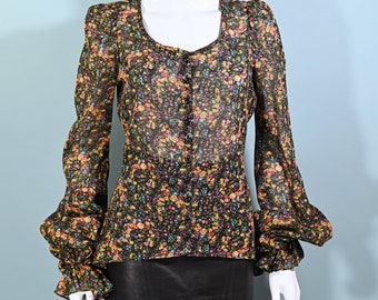 Vintage 70s Betsey Johnson Alley Cat Floral Print Pirate Sleeve Blouse, M