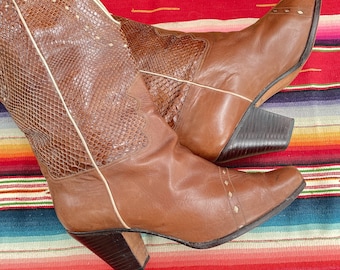 Vintage 80s Womens Western Style Leather/Snakeskin Boots, 9-91/2