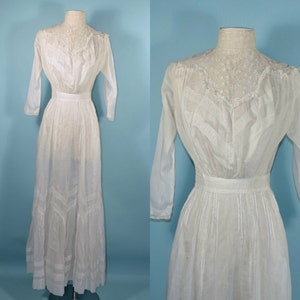 Antique Edwardian Victorian Dress, White Lace Lawn Dress XS