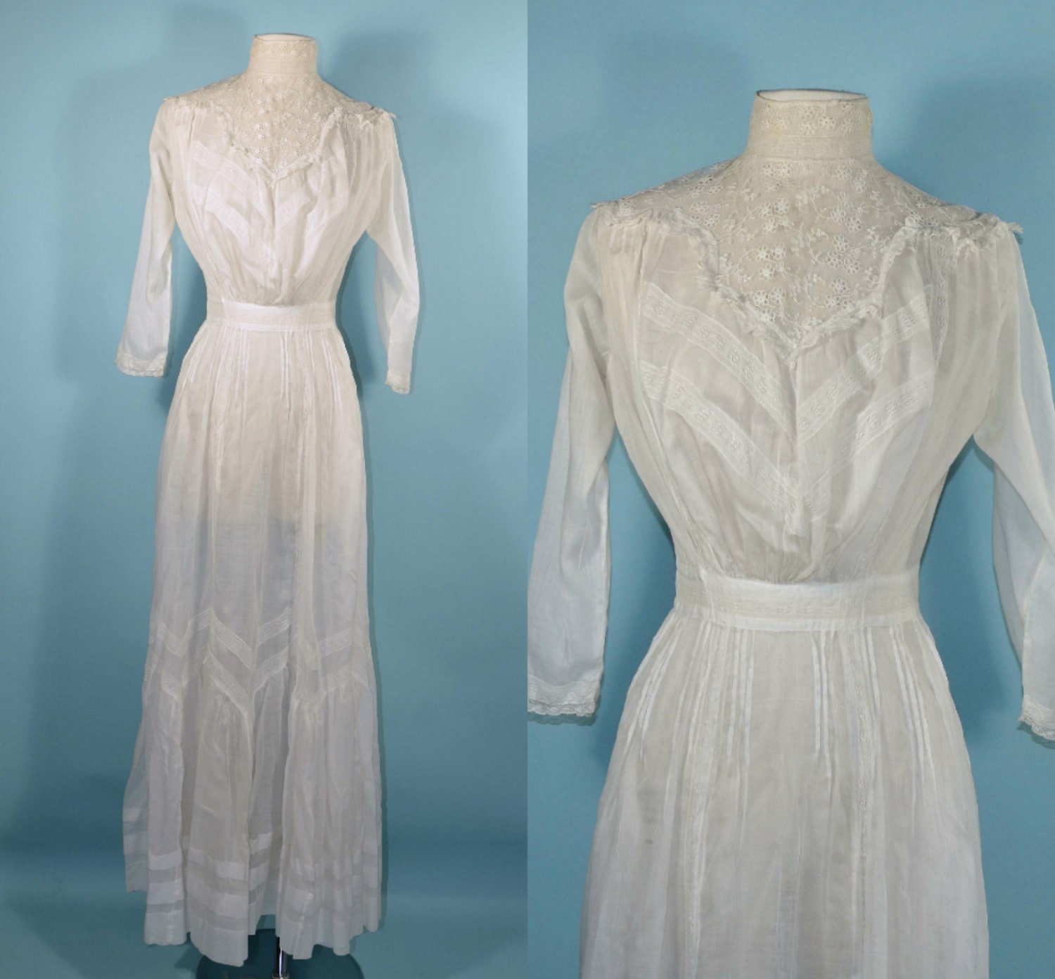 Antique Edwardian Victorian Dress, White Lace Lawn Dress XS