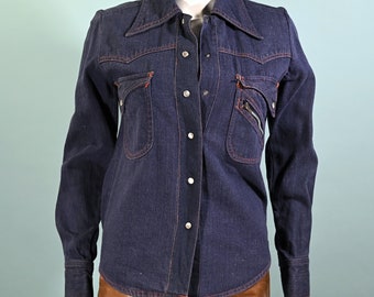 Vintage 60s Denim Fitted Shirt, Sears Junior Bazaar Denim Top XS/S