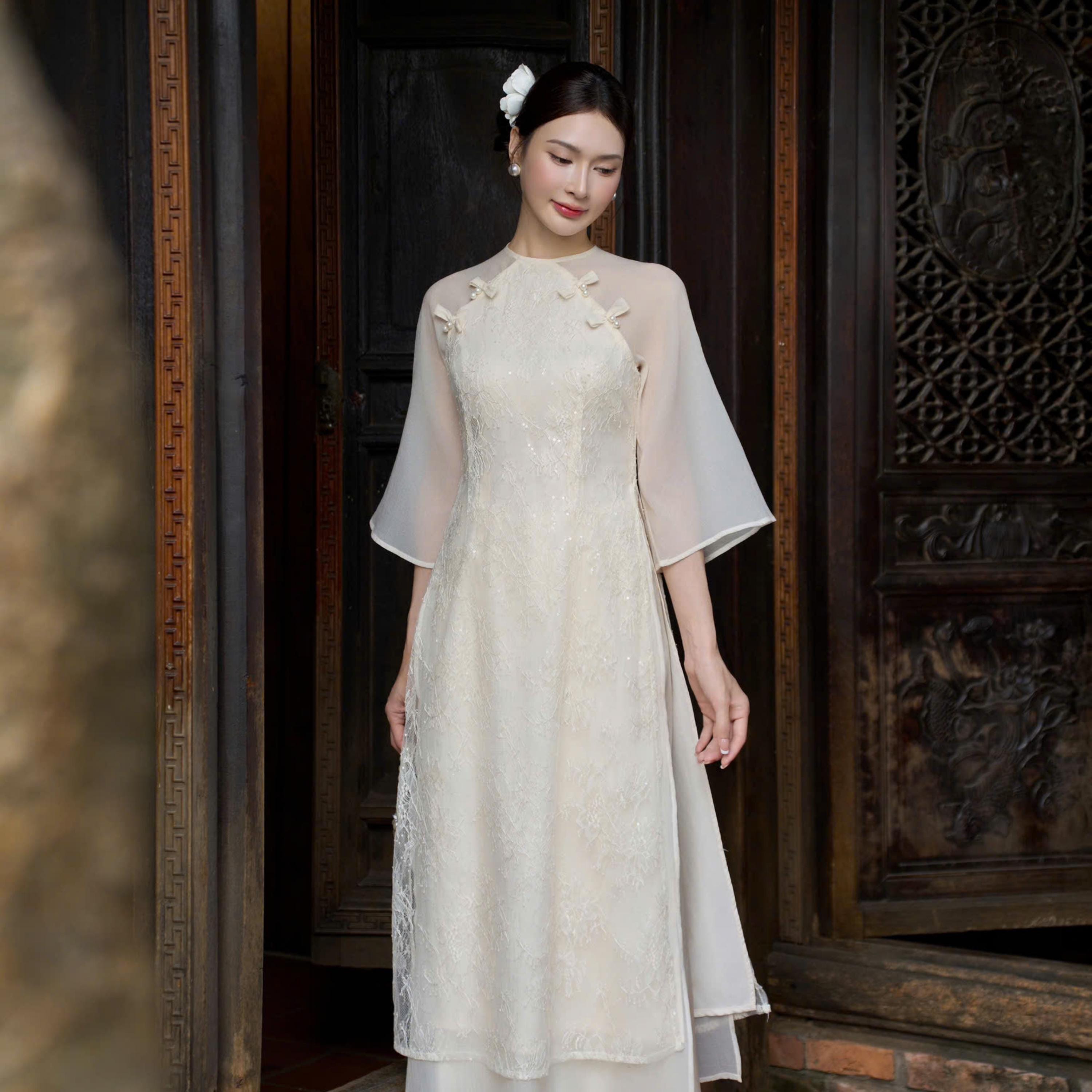 open lace back dress Ao Dai Vietnamese Dress Long Flare Sleeves Blue Aodaistyle  aodaistyle