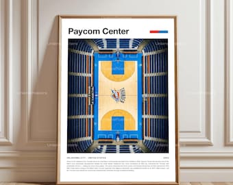 May include: A framed poster featuring an aerial view of the Paycom Center basketball court in Oklahoma City. The court is surrounded by blue seating. The poster includes the text "Paycom Center" and "OKLAHOMA CITY - UNITED STATES".