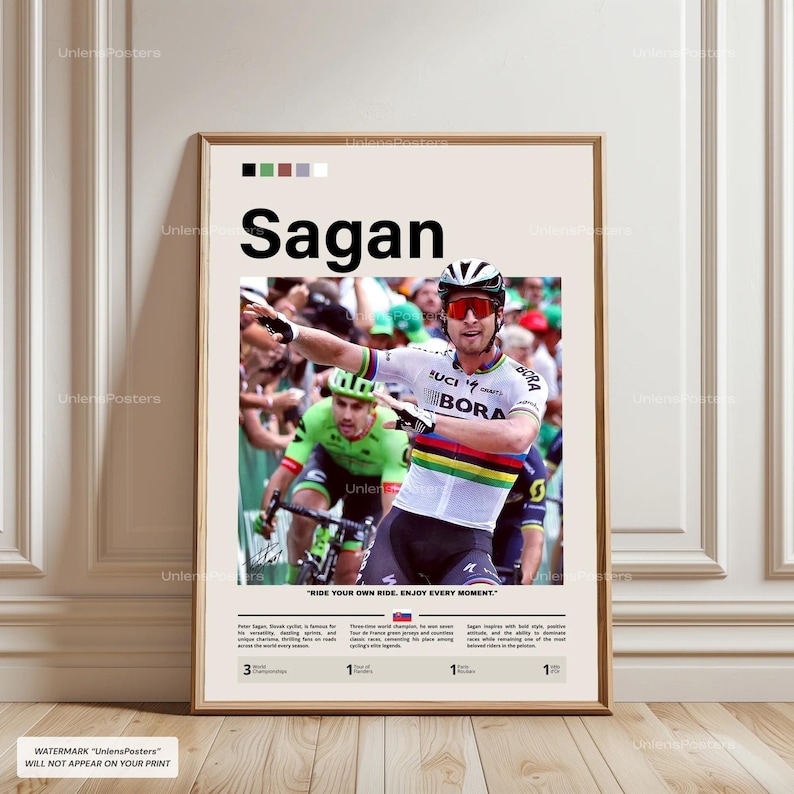 Peter Sagan Poster, Sagan Cycling, Tour de France Print, Cycling Decor, Sports Artwork, Sagan Wall Art
Capture the intensity and charisma of Peter Sagan with this exclusive poster, featuring him in action on the bike. Celebrating his remarkable performances in professional cycling, this artwork highlights his skill, determination, and flair on the road. Printed on premium matte paper, it’s perfect for fans of cycling and sports art collectors alike.