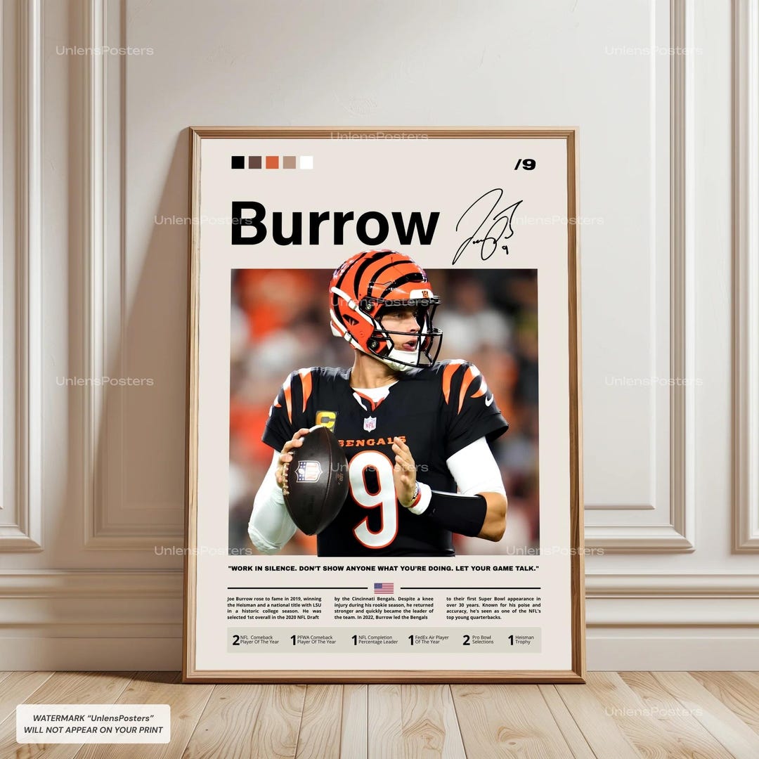 Joe Burrow Poster, Burrow Bengals, Framed NFL Football Print, American ...