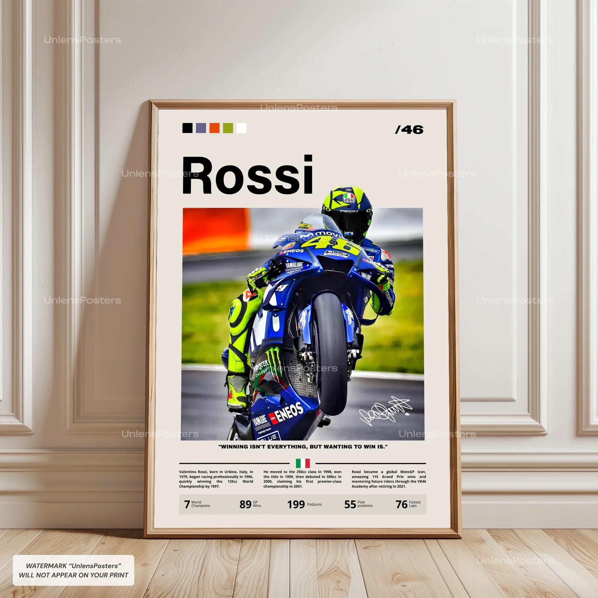 Valentino Rossi Poster, Rossi Yahama Wandkunst, Rossi MotoGP mit Rahmen, Rossi MotoGP Dekor, Motorradrennen Dekoration, Rossi MotoGP