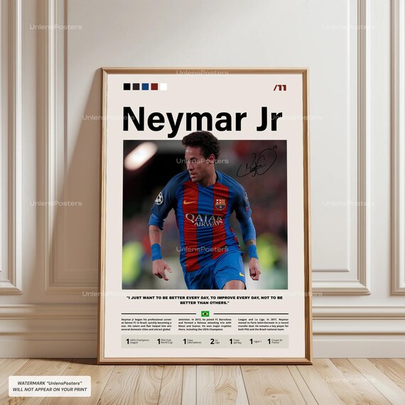 Neymar Jr Poster, Neymar Brazil, Framed Football Print, World Cup Soccer Decor, Football Star Artwork, Neymar Wall Art, Neymar Jr, Barcelone