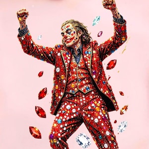 May include: A digital illustration of a figure with clown-like makeup wearing a red suit covered in multicolored, sparkling gemstones. The figure has arms raised in a celebratory pose, surrounded by floating, faceted red and clear crystals.