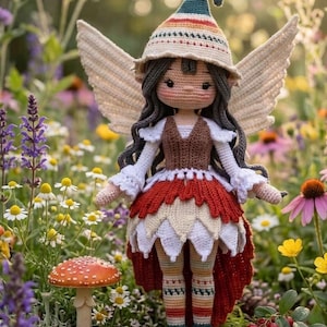 May include: A crocheted doll featuring dark grey hair, a pointed hat with colourful stripes, and large cream-coloured wings. The doll wears a brown vest over a white blouse, a layered red and cream skirt, and striped leggings, standing upright.