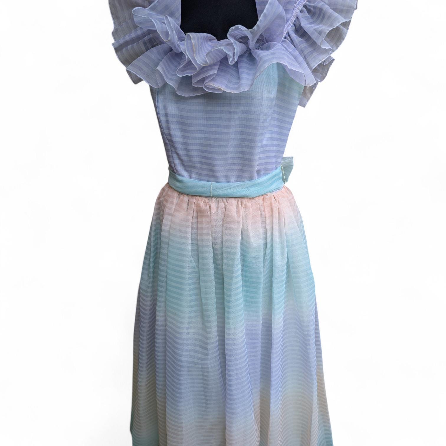 rainbow organza dress Rainbow Tie-Dyed Organza A-line frugi Rainbow dress with Puff Sleeves