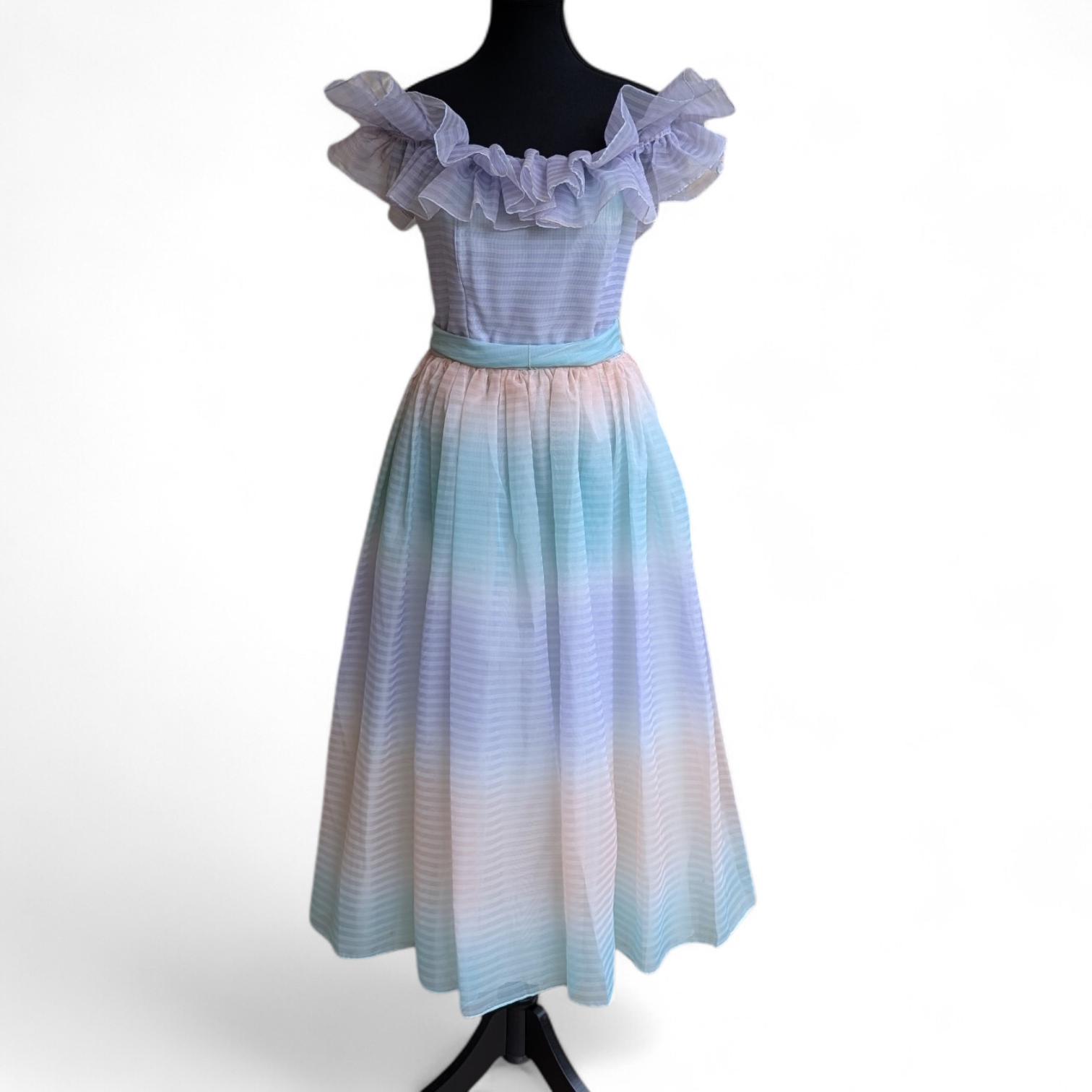 rainbow organza dress Pastel Ombre Rainbow Organza Ruffle Gown | 1970s Fairycore Bridal Dress