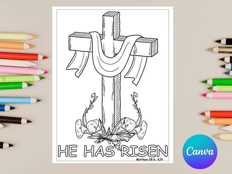 He is Risen Easter Coloring Page | Christian Cross Printable (digital ...