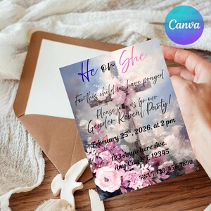Convite Cristão para Revelação de Gênero | Cruz Floral, Oração pelo Bebê (Download Digital)