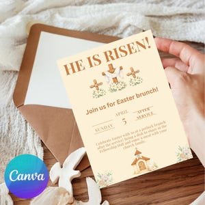 Op de afbeelding: Een uitnodiging voor een paasbrunch met de tekst "HE IS RISEN!" in bruin. De uitnodiging toont drie kruisen, bloemmotieven en een kerkillustratie. De datum is 5 april, met details voor een brunch.