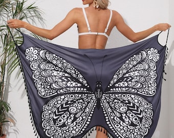 Boho Mandala Butterfly Sarong Wrap, Spódnica plażowa z frędzlami, Psychodeliczny koc ze skrzydłami motyla