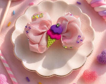 Candy Dog Bow,Ice Cream Puppy Bow, Cute Sprinkle Dog Bow, Pink Dog Hair Bow, Sweet Treat Dog Accessory, Handmade Pet Bow, Small Dog Bow Gift