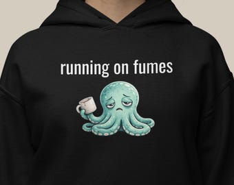 Felpa con cappuccio "Running On Fumes" • Felpa con cappuccio "Tired Octopus" • Felpa divertente per adulti esausti • Felpa umoristica per ADHD e burnout • Felpa regalo per la crisi di mezza età