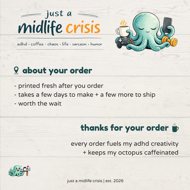 Order information card from the brand just a midlife crisis with details about made-to-order items.
