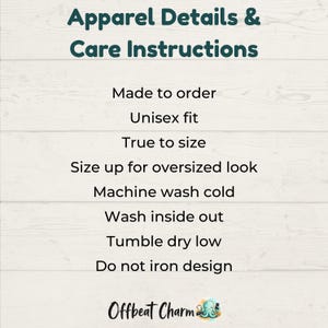 Apparel details and care instructions information card.