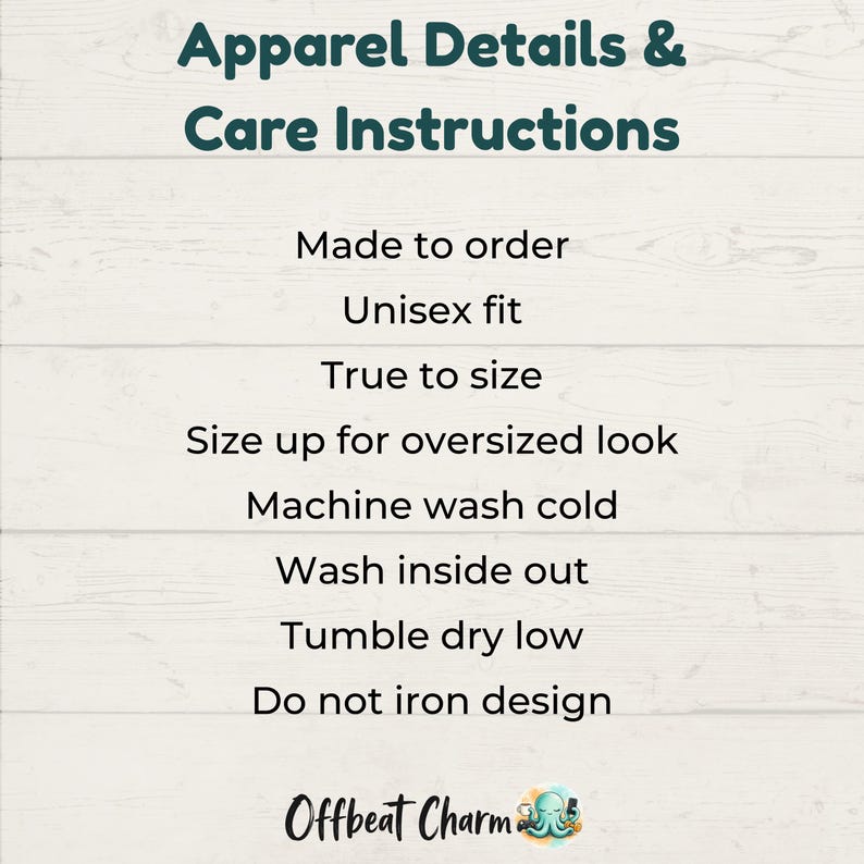 Apparel details and care instructions information card.