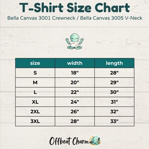 Unisex t-shirt size chart showing width and length measurements for sizes S through 3XL.