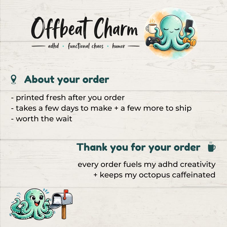 Order information and thank you card from the brand Offbeat Charm with details about made-to-order items.