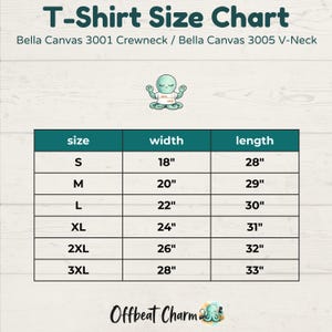 Unisex t-shirt size chart showing width and length measurements for sizes S through 3XL.