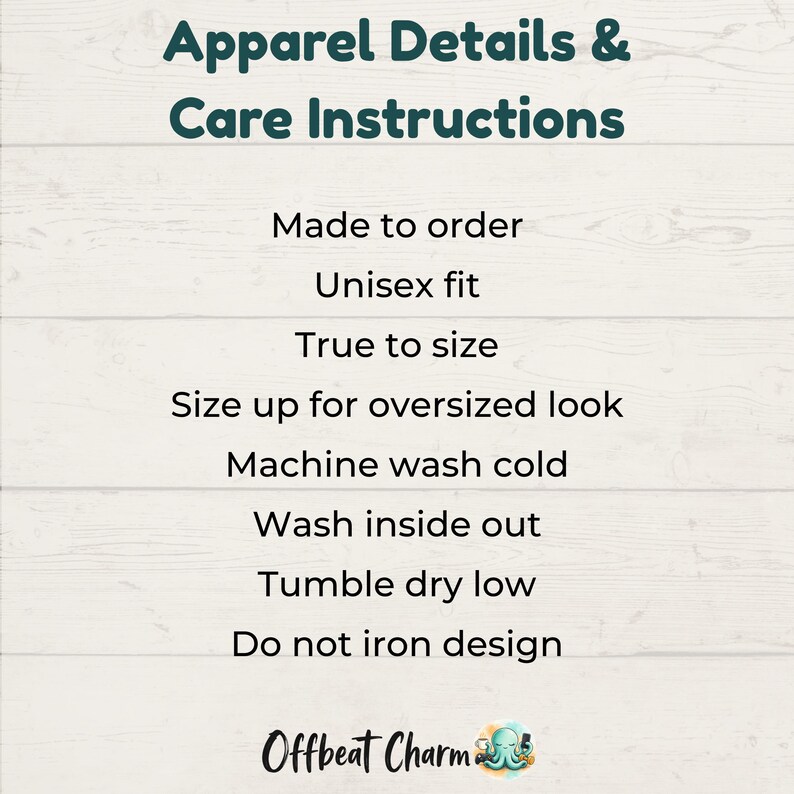 Apparel details and care instructions information card.